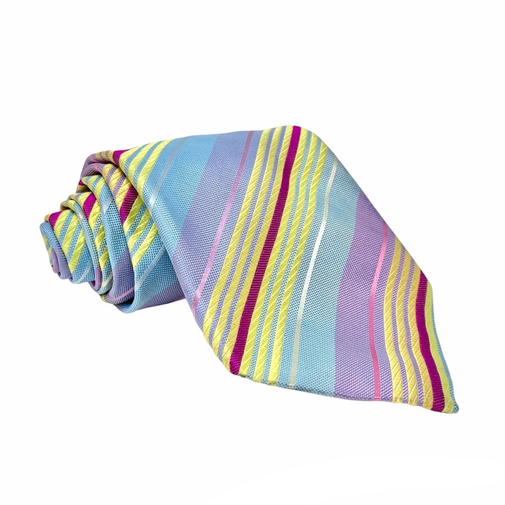 Duchamp Multicolor Pastel Blue Yellow Pink 100% Silk Striped England Necktie Tie